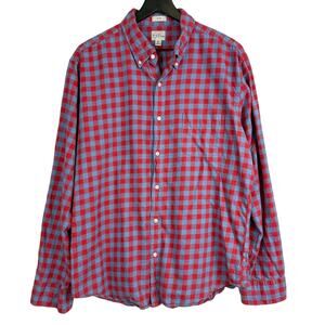 J.Crew Mens Cotton Linen Twill Gingham Slim Fit Button Down Shirt Red Blue - XL